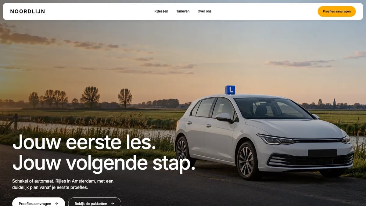 Homepage van Noordlijn, een fictieve rijschool met een licht en ruim websiteontwerp.